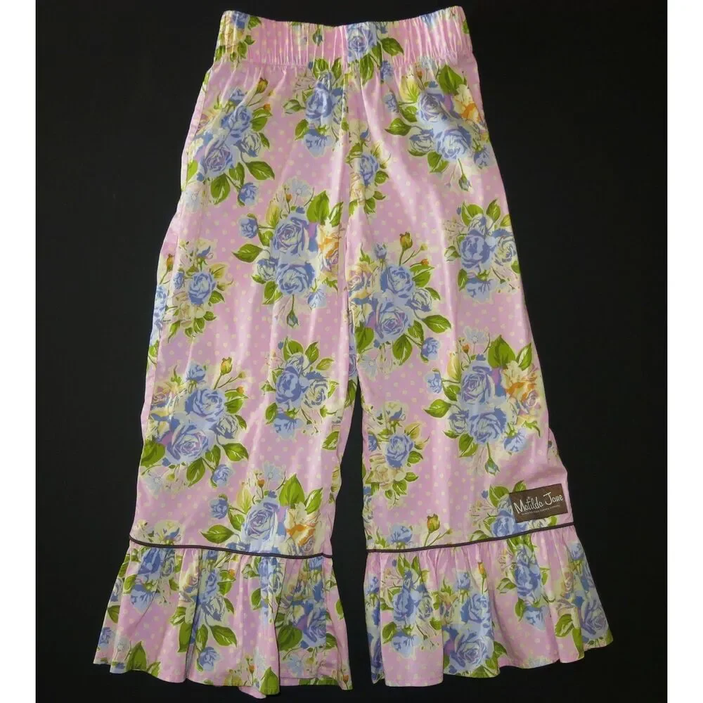 Matilda Jane girls pants 8 10 big ruffles Good Hart maple sugar pink blue flower